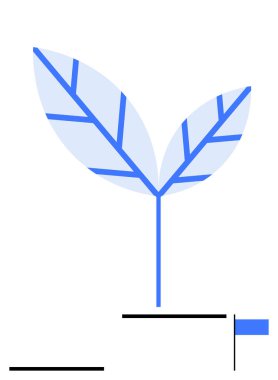 Geometrik desenli iki stilize mavi yaprak, basit şekillerin yakınındaki ince bir saptan çıkıyor. Büyüme, doğa, sürdürülebilirlik, ekoloji, yenilik, denge, soyut çizgi için ideal