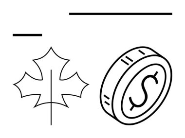 Maple leaf alongside a coin marked with a dollar sign. Ideal for finance, economy, currency, savings, investment, Canada abstract line flat metaphor. Line metaphor. Simple line icons clipart