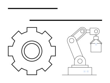Robot kol kaldırma konteynırının yanında vites tekerleği otomasyonu, endüstriyi ve teknolojiyi sembolize ediyor. Üretim, robot bilimi, mühendislik, yenilik, yapay zeka soyut tasarım çizgisi için ideal