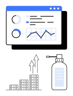 Grafikler, pasta grafikleri, büyüme çubuğu grafikleri, yukarı çıkan oklar ve dezenfektan şişesi olan veri paneli. İş eğilimleri, sağlık, ilerleme, finans hijyen ekonomisi için ideal soyut çizgi düz metafor
