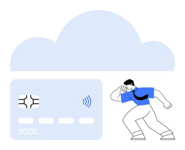 Bulut çiziminin önünde temassız ödeme ikonu olan kredi kartı. İş adamı pozu veriyor. Fintech, bulut çözümleri, ödeme güvenliği, veri depolama, e-ticaret, dijital