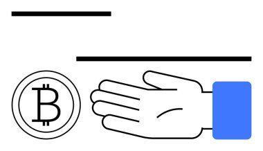 Bitcoin sembolü, mavi manşetli el uzatma, işlemleri temsil eden çizgiler, para değişimi, finansal etkileşim, dijital para birimi, blok zinciri. Finans ve ekonomi teknolojisi için ideal