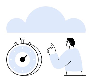 Stopwatch, dijital çözümleri ve zaman odaklamasını vurgulayan, aciliyeti, kişiyi işaret eden ve bulut ögesini gösterir. Üretkenlik, verimlilik, teslim tarihleri, bulut teknolojisi, planlama, soyut hatırlatıcılar için ideal