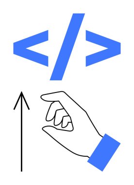 Kodlama sembollerinin altında, yukarı doğru ok ile büyümeyi ya da ilerlemeyi simgeleyen bir jest yapmak. Web için ideal, v10 geliştirme, kodlama dersleri, programlama dilleri, teknolojik yenilik, eğitim
