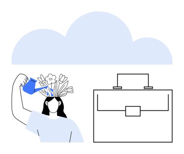 Kadın kafasından çiçekleri suyla sulayarak büyümeyi temsil ediyor. Yakınlarda bulutun altında bir evrak çantası var. Farkındalık, yaratıcılık, kariyer büyümesi, yenilik, iş-yaşam dengesi, refah için ideal