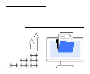Mavi klasörü ve dosyaları olan bilgisayar ekranı, yukarı doğru oklu çubuk grafiği. Veri organizasyonu, ilerleme izleme, iş büyümesi, analitik, bulut depolama, dijital raporlar, soyut çizgi