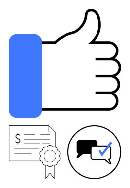 Mavi kollu büyük baş parmaklar sembolü dolar işareti ve kurdeleli sertifika simgesi, işaretli konuşma baloncukları. Onay, sertifika, başarı, onaylama kavramları için ideal