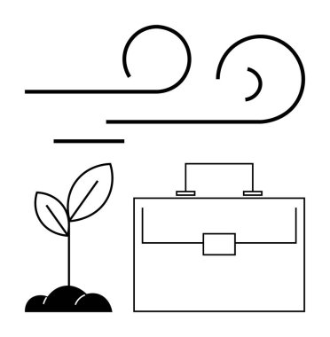 Rüzgar girdapları, filizlenen bitki ve evrak çantası yenilik, sürdürülebilirlik, büyüme ve profesyonel ilerlemeyi simgeliyor. Başarı, girişimcilik, çevre girişimciliği için idealdir.