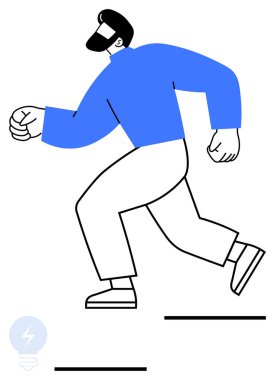 Mavi gömlekli sakallı bir adam merdivenlerden yukarı çıkıyor. Kişisel gelişim, hedefler, kariyer büyümesi, başarı, motivasyon, kişisel gelişim için ideal, soyut düz metafor