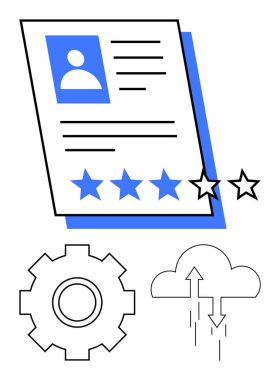 Bir dişli ve bulut indirme simgeleriyle birlikte profil, metin ve derecelendirme yıldızlarıyla devam edin. İşe alma, takım çalışması, kariyer, teknoloji, yenilik, eleştiriler ve soyut çizgiler için ideal