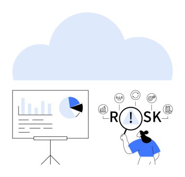 Beyaz tahta üzerinde veri tabloları, RISK kelimesini büyüteçle analiz eden bir figürün yanında duruyor. Strateji, veri analizi, iş kararları, risk yönetimi, bulut kullanımı, değerlendirme, soyut