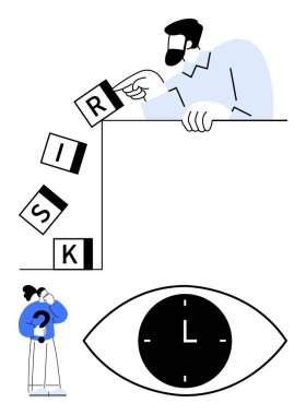 RISK bloklarını deviren adam, soru işaretli düşünür göz şeklindeki saatin yanında zaman ve algıyı sembolize ediyor. Karar verme, risk değerlendirmesi, strateji, analiz, öngörü ve liderlik için ideal