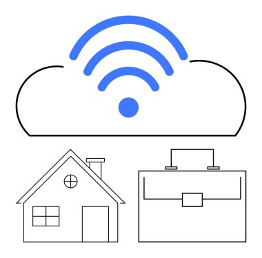 Evle çantayı birbirine bağlayan kablosuz sembollü bulut uzaktan çalışmayı ve veri erişimini sembolize ediyor. Teknoloji, bağlantı, uzaktan çalışma, iş, bulut depolama, dijital ekonomi, soyut