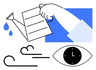 El ele tutuşup su damlatırız, saat göz motifi, rüzgar çizgileri. Zaman yönetimi, büyüme, farkındalık, inatçılık, üretkenlik, sabır çizgisi düz metaforu için ideal