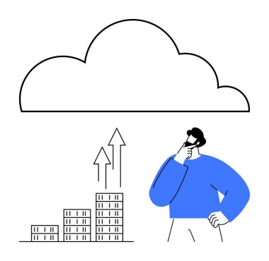 Büyüyen okları olan bir bar çizelgesinin yanında düşünen bir erkek bulutu. İş stratejisi, bulut hesaplama, veri analizi, yenilik, karar verme, planlama, soyut çizgi düz metaforu için ideal