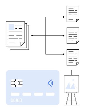 Dökümanlar akış şeması, temassız ödeme kartı ve çerçeveli sunum tasarımı ile bağlandı. Veri yönetimi, dijital ödemeler, yaratıcılık, organizasyon, fintech, ağ soyut çizgisi için ideal