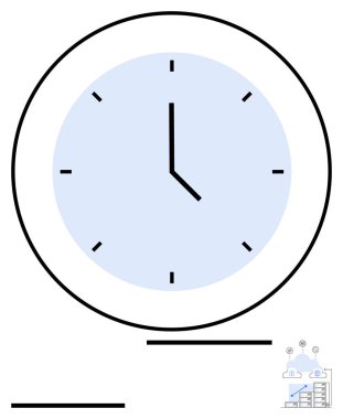 İnce siyah elleri olan dairesel analog saat, açık mavi arkaplan, bulut hesaplama ve veri depolama simgeleri. Zaman yönetimi, teknoloji, üretkenlik, takım çalışması, yenilik, son teslim tarihi için ideal