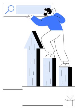 Yükselen çubuk grafik basamaklarında arama çubuğu tutan kişi. İş analizleri, SEO büyümesi, başarı stratejisi, çevrimiçi görünürlük, kariyer geliştirme, dijital pazarlama, soyut