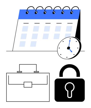 Saat, evrak çantası ve kilit temalarıyla eşleşen takvim, teslim tarihlerini, organizasyonunu, üretkenliğini, mahremiyetini ve işini belirler. Planlama, iş-yaşam dengesi ve güvenlik soyut için ideal
