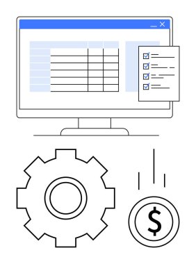 Bilgisayar ekranında kontrol listesi olan bir tablo, işlem optimizasyonu için teçhizat ve finansal verimlilik için dolar madeni para gösteriliyor. Veri organizasyonu, iş akışı, üretkenlik, otomasyon ve finans için ideal