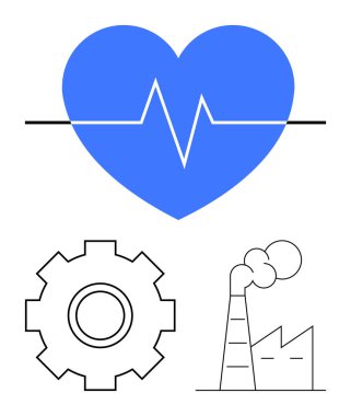 Kalp atışı çizgisi olan mavi kalp sağlığı simgeler, siyah dişli teknoloji simgeler, duman yığınlı fabrika endüstriyi tasvir eder. Sağlık, çevre, sanayi, teknoloji ve ilerleme için ideal