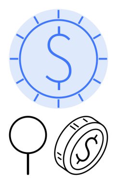 Dolar grafiği, büyüteç, izometrik bozuk para tasarımı parayı, finansmanı sembolize ediyor. Yatırım, tasarruf, ekonomi, ödeme, iş zenginliği büyümesi için ideal soyut çizgi düz metafor