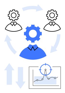 Oklarla birbirine bağlı dişli başlı figürler takım çalışmasını ve işbirliğini sembolize eder. Vurgulanmış analitik çizelgesi ilerleme izleme ve ilerleme sürecini yansıtıyor. İş akışı ve liderlik için ideal.