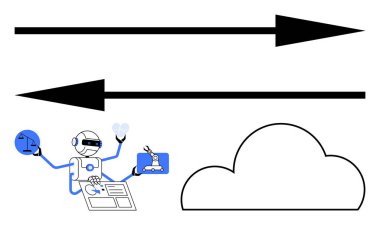 Birden fazla silah kullanan robotlar, bulut ve yönlü okların yanında bir küre tutuyorlar. Otomasyon, teknoloji, bulut hizmetleri, veri işleme, yenilik, robot bilimi ve dijital için ideal