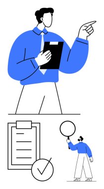 Elinde pano tutan adam yukarı doğru hareket eder, işaretli liste, görev tamamlandığını gösterir, ve konuşma baloncuğu olan daha küçük bir figür. Üretkenlik, liderlik, planlama, iletişim, takım çalışması için ideal