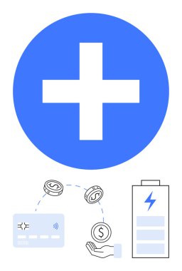 Mavi haç sembolü, kredi kartından eline geçen madeni paralar, enerji sembollü pil. Finans hizmetleri, fintech, bankacılık, dijital para birimi, mobil ödemeler, yenilenebilir enerji teknolojisi için ideal