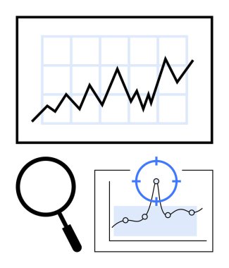 Büyüme çizelgesi, büyüteç ve odaklanma çemberi analizler, hassasiyet ve strateji kavramları. İş, pazarlama, araştırma, veri trendleri için ideal soyut finans stratejisi