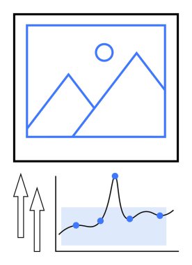 Büyüme grafiğini veri göstergeleriyle gösteren güneş oklarıyla çerçevelenmiş manzara. İş, finans, analitik, strateji, üretkenlik, büyüme, kalkınma için idealdir. Satır metaforu