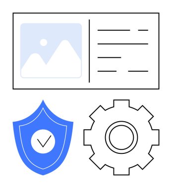 İşaretli, teçhizatlı ve web sayfası planlı bir kalkan. Web tasarımı, siber güvenlik, verimlilik araçları, sistem ayarları, teknoloji, iş akışı yönetimi soyut çizgisi metaforu için ideal