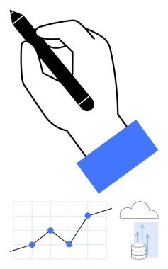 Bir kalem, yukarı doğru eğilimli bir çizgi çizelgesi ve bulut depolama ikonu. Veri analizi, yaratıcılık, dijital çözümler, bulut teknolojisi, üretkenlik, inovasyon soyut çizgi için ideal