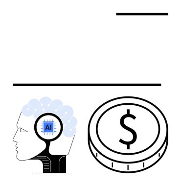 Kafasında yapay zeka mikroçipi olan bir insan kafasının yan profili ve yanında bir dolar işareti olan bir bozuk para. Teknoloji, finans, yenilik, yapay zeka entegrasyonu, ekonomik sistemler, iş dünyası, soyut çizgi için ideal