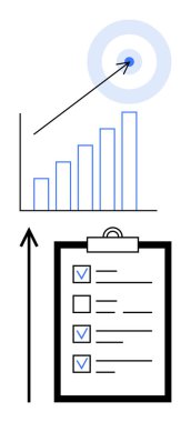 Ok kontrol listesi ile yukarı doğru ok hedefi olan çubuk çizelgesi. İş stratejisi, hedef belirleme, başarı, ilerleme izleme, planlama, yönetim, girişimcilik için ideal. Satır metaforu