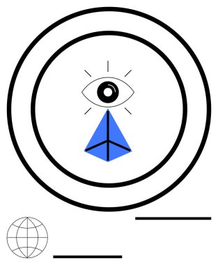 Eş merkezli dairelerin içindeki mavi geometrik piramidin üstündeki göz, dünya çizgisi ve yatay çizgiler eşliğinde. Vizyon, strateji, odaklanma, bağlantı, yenilik, küresel kavramlar, soyut