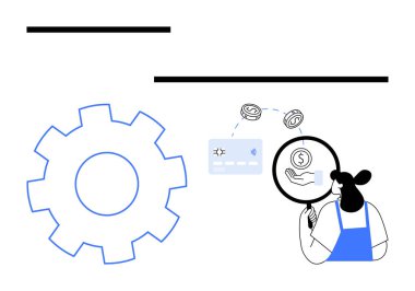 Kadın, mali süreçleri büyüteçle inceliyor. Elementler arasında vites sembolü, kredi kartı, para var. Bankacılık çözümleri, iş stratejisi, mali analiz ve teknoloji için ideal