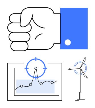 Sıkıştırılmış el, rüzgar türbini ve hedef odaklı veri eğilimleri enerji, hedef ve analizi yansıtır. Yenilenebilir enerji, sürdürülebilirlik, takım çalışması ve iş stratejisi takibi için ideal