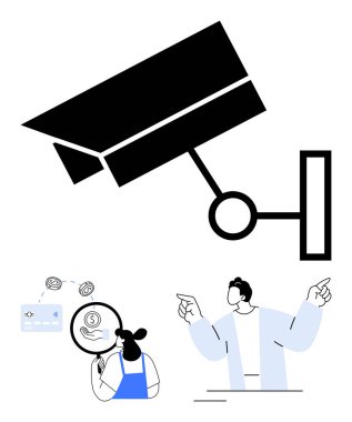 Finansal verileri analiz eden insanlarla çevrili büyük bir CCTV kamerası ve kaldırılmış parmaklarla rehberlik eden eğitmen. Güvenlik, izleme, mali analiz, rehberlik, eğitim ve izleme için ideal