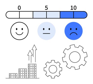 Mutluluktan üzüntüye değişen duygusal yüzlere sahip geri bildirim ölçeği, süreci sembolize eden dişliler ve büyüme ölçümleri için bir çubuk grafiği. İş dünyası için ideal, üretkenlik, hedefler, değerlendirmeler, takım çalışması, verimlilik