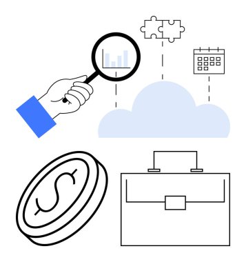 Bulut bağlantılı verileri inceleyen, bulmaca parçalarını birleştiren, takvim, para, para, evrak çantası. Analiz, problem çözme, planlama ve finans yönetimi bulutu için ideal