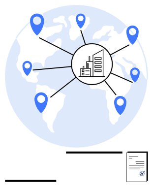 Küresel konumları mavi işaretlerle birleştiren sanayi merkezi. İş ya da anlaşmayı gösteren belgeler. Lojistik, tedarik zinciri, küreselleşme, takım çalışması, iletişim, ticaret için ideal