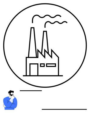 Çemberin içinde bacalar tüten bir fabrika ve mavi giyen düşünceli bir adam. Endüstri, emisyon, çevre, sürdürülebilirlik, yenilik, enerji, ekolojik farkındalık için idealdir. Soyut çizgi düz metafor
