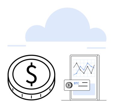 Dolar bozuk para, finansal grafiği gösteren akıllı telefon, minimalist bulutun üzerindeki BTC kripto cüzdan mesajı. Fintech, kripto ticareti, engelleme zinciri, yatırımlar, dijital finans, soyut tahmin çizgisi için ideal