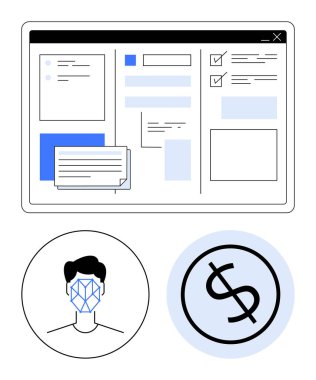 Görev listeleri, yüz tanıma simgesi ve dolar işareti olan etkileşimli gösterge paneli. Teknoloji, finans, yapay zeka, otomasyon, veri yönetimi UXUI modern çözümleri için idealdir. Soyut çizgi düz metafor