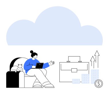 Yanında bir kedi ve dizüstü bilgisayarla kanepede oturan bir kadın. Büyüme tabloları, evrak çantası ve maddi büyümeyi gösteren bozuk paralar. İş, finans, uzak çalışma ve kariyer büyümesi için ideal