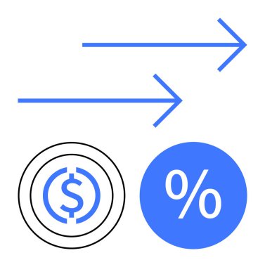 Sağı gösteren iki mavi ok, çemberin içinde bir dolar işareti ve yüzde işareti. Finans, büyüme, yatırım, faiz oranları, ekonomik eğilimler, parasal değer soyut çizgisi için ideal