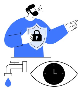 Konuşurken ve el kol hareketleri yaparken elinde güvenlik kalkanı tutan kişi yanında bir damla ve bir saatin içindeki saatle. Güvenlik, mahremiyet, zaman yönetimi, ihtiyat, su koruma için ideal