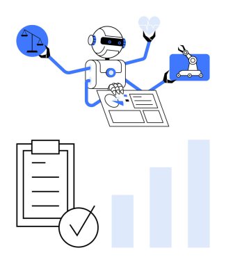 Kanun, sağlık ve mühendislik için veri grafikleri, kontrol listesi ve otomasyonla çevrili çoklu görev kolları olan robotlar. Yapay zeka, teknoloji, verimlilik, çoklu görev otomasyonu için ideal